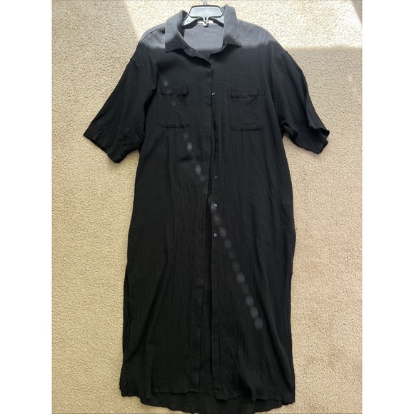 Z Supply Lina Button Up Duster Dress Black Medium Button Down Side Slits Cotton - Picture 1 of 8